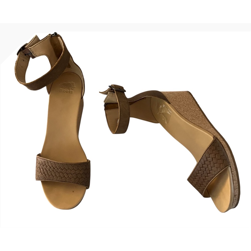 Roots Wedge Sandals Ankle Strap Woven Detail‎ Casual Brown Size 8.5
